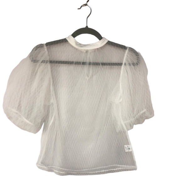 Gina Women’s Top Puff Sleeve Sheer Diamond Pattern Cropped Single Button Close - Picture 1 of 9